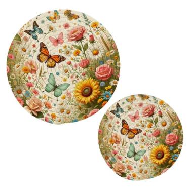 Imagem de Blueangle 2 peças de suporte de panela de flor borboleta libélula - conjunto de pegadores de panela de tecido redondo - almofadas quentes trançadas de algodão - porta-copos - tapetes de mesa para