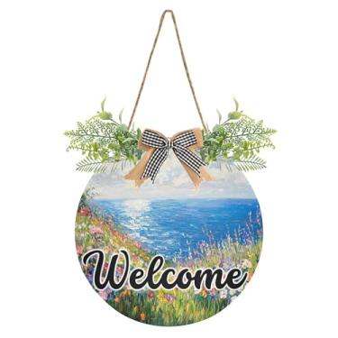 Imagem de SEHANY Placa de boas-vindas de flores e mar, decoração de porta da frente, guirlanda de boas-vindas redonda para decoração de casa de fazenda, varanda e pátio, 30 x 30 cm