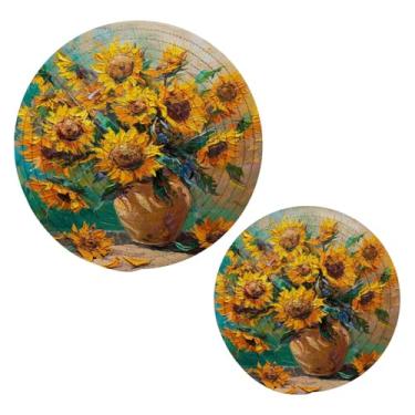 Imagem de Blueangle 2 peças de suporte de panela para pintura de girassóis - conjunto de pegadores de panela de tecido redondo - almofadas quentes trançadas de algodão - porta-copos - tapetes de mesa para