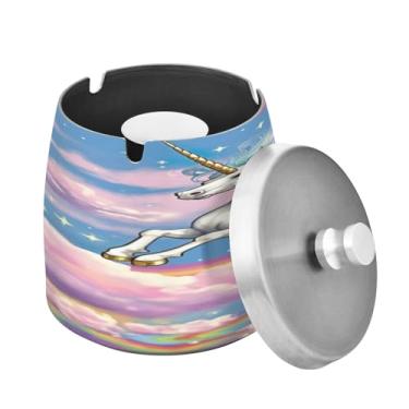 Imagem de Blueangle Cinzeiro de cavalo arco-íris com tampa para cigarros, à prova de vento/chuva, aço inoxidável, sem fumaça, inodoro, cinzeiro para uso interno ou externo (232)