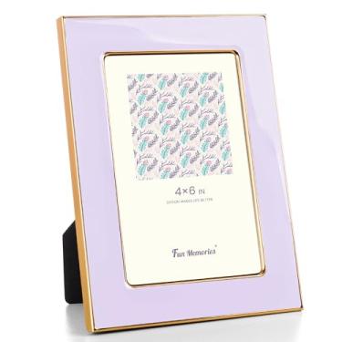 Imagem de Fun Memories Porta-retrato 10 x 15 cm – 1 porta-retrato de vidro esmaltado roxo com borda de metal dourado e cavalete para exibição em bancadas, mesas, estantes, mesas e paredes (roxo/dourado)