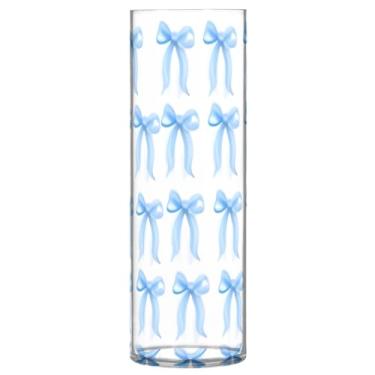 Imagem de CEBUGI Vaso de flores com laço azul, 10 x 30 cm, vaso cilíndrico para flores, vaso transparente inquebrável para festa de casamento, decoração de casa