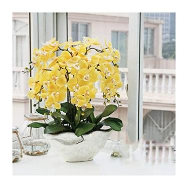 Imagem de LMJYU Flores artificiais Phalaenopsis em vaso com vaso de flores, 9 ramos de pano de seda, orquídeas, bonsai, arranjo para casa/festa/casamento plantas artificiais