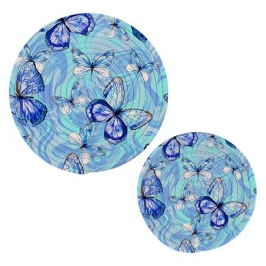 Imagem de Wassud Trivet de borboletas azuis e brancas para pratos quentes, suportes redondos de algodão, almofadas quentes, porta-copos elegantes, decoração de cozinha e acessórios, 2 peças