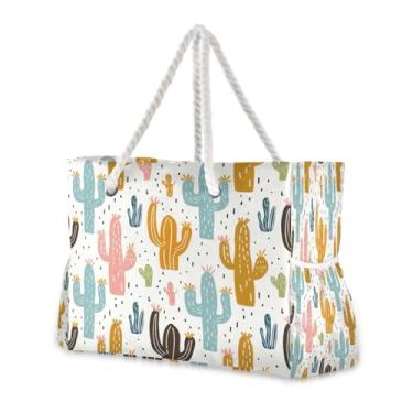 Imagem de Wassud Bolsa de praia colorida com cacto grande, bolsa de praia para mulheres, impermeável, à prova de areia, bolsa de viagem com zíper e bolso para piscina, academia, acampamento