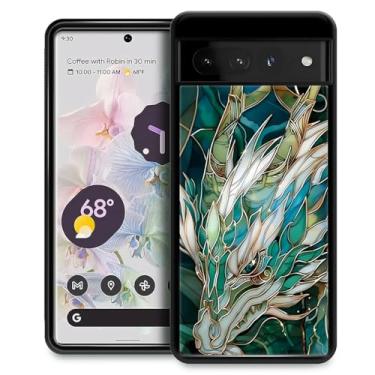 Imagem de CARLOCA Capa compatível com o Google Pixel 7 Pro para meninas à prova de choque antiarranhões capa traseira rígida de policarbonato estética padrão de moda azul-petróleo vitral dragão branco