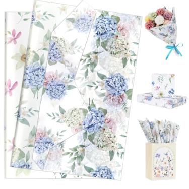 Imagem de Larcenciel 60 peças de papel de seda floral, hortênsia azul elegante e papel de seda de flores mistas para sacos de presente, artesanato, materiais de embalagem de arte de decoupage para decoração de