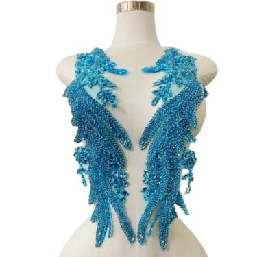 Imagem de Jpumley.pksn Apliques de renda de strass feitos à mão costurados em miçangas para acessórios de roupas de vestido 1 par/bolsa 14 x 20 cm (azul celeste)