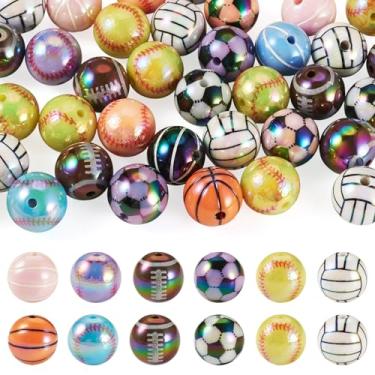 Imagem de Cheriswelry 36 peças de contas redondas de acrílico com tema esportivo de 16 mm, futebol, basquete, rúgbi, tênis, beisebol, chiclete, bola, espaçador, solta, para artesanato, pulseira, brinco