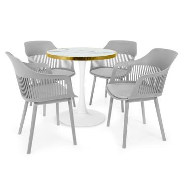 Imagem de Conjunto Mesa De Jantar Redonda Majestic 70cm Branca Com 4 Cadeiras Estofadas Marcela - Cinza