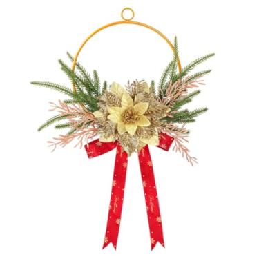 Imagem de Guirlanda de argola de Natal Prelit para porta da frente, guirlanda de Natal ao ar livre de 18,5 cm com flores de poinsétia artificiais vermelhas e fita de laço, decoração de Natal de inverno dourada