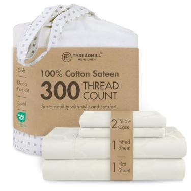 Imagem de Threadmill Jogo de lençol Queen de algodão | 100% algodão para cama queen size | Jogo de cama queen damasco jacquard com bolso profundo de 40,6 cm | Conjunto de cama refrescante de 4 peças de cetim