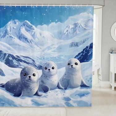 Imagem de Cortina de chuveiro impermeável com selo de desenho animado, tecido animal selvagem, para banheiro, geleira, montanha, dormitório, banheiras, decoração, kawaii, vida selvagem, 182 x 182 cm