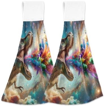Imagem de TSENQUE Toalha de cozinha de mão de confetes coloridos T Rex com laço para pendurar toalhas de chá de forno personalizadas absorventes essenciais de cozinha decorativos macios, conjunto de 2, 45 x 35