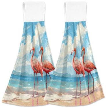Imagem de TSENQUE Toalha de mão rosa flamingos praia outono com laço para pendurar conjunto de toalhas de banheiro personalizadas com 2 toalhas de cozinha macias absorventes para decoração de casa, 46 x 35 cm