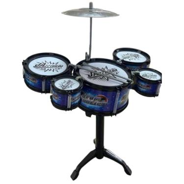 Imagem de Bateria Musical Infantil com 5 Tambores, Prato Metálico e 2 Baquetas, Plástico e Metal, 45x38x19 cm, Azul e Vermelho Cor Sortido