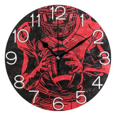 Imagem de GAIGEO Relógio de parede decorativo analógico redondo sem tique-taque silencioso relógio de sala de aula, decoração de sala de estar, arte moderna, jogador de futebol de rúgbi, 25 cm, ponteiros pretos