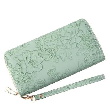 Imagem de Carteira feminina longa dobrável de couro com porta-cartões com fivela com zíper elegante clutch carteira feminina, Verde, Tendência