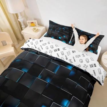 Imagem de Manfei Pixel Grid Miners Conjunto de capa de edredom infantil, tamanho Queen, jogo de cama xadrez para meninas e meninos, decoração geométrica moderna, capa de colcha azul preta, 2 fronhas (sem