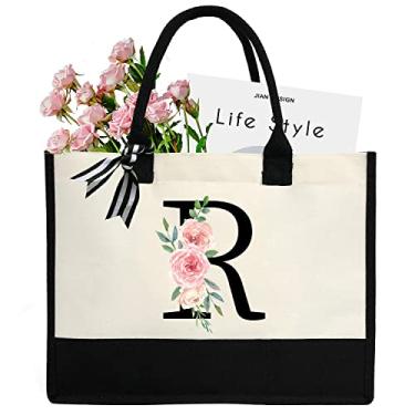 Imagem de DEEZOMO Sacola feminina de lona com inicial personalizada, bolsa de praia com bolso interno com zíper para casamento, aniversário, feriado, R