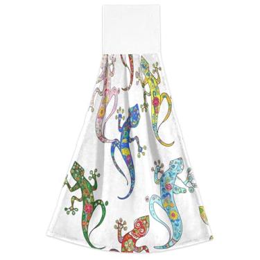 Imagem de Toalhas de mão coloridas de lagartos florais de primavera branca com laço para pendurar, conjunto de 2 toalhas de cozinha decorativas macias e absorventes, 46 x 35 cm
