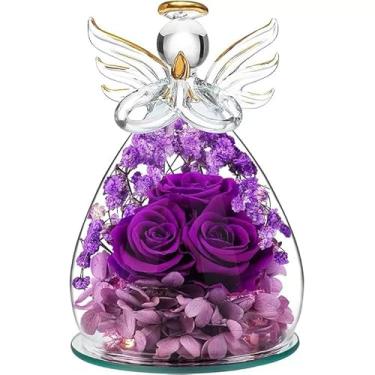 Imagem de FUHITIM Estatueta de vidro de anjo rosa preservada, flor preservada em cúpula de vidro com luz LED, presente elegante para mulheres, mãe, avó, aniversário, dia das mães, Natal