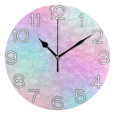 Imagem de Relógio de parede decorativo analógico redondo sem tique-taque silencioso relógio de cozinha, sala de estar decoração de parede moderna, arco-íris pastel gradiente rosa roxo, 25 cm, ponteiros dourados