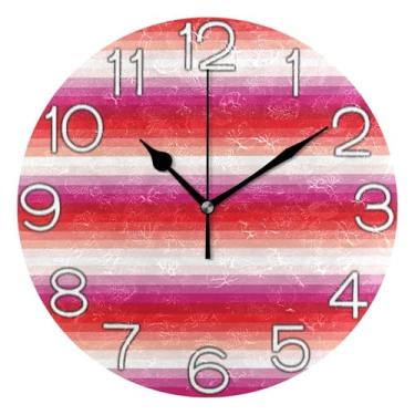 Imagem de Relógio de parede analógico decorativo relógio de cozinha bonito estético silencioso sem tique-taque, decoração de sala de estar arte moderna arco-íris listrado rosa, 25 cm, ponteiros dourados