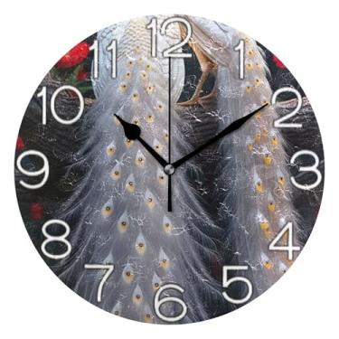 Imagem de GAIGEO Relógio de parede analógico decorativo operado por bateria relógio de cozinha de escritório, decoração de parede de meados do século, sala de estar, arte de pavões brancos, 25 cm, ponteiros