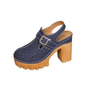 Imagem de Sandálias femininas primavera verão bico fechado salto alto PU plataforma casual confortável, Azul marino, 38