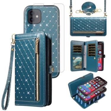 Imagem de Capa de telefone para iPhone 12 Mini 5.4 carteira com zíper destacável protetor de tela protetor de tela transversal alça de cordão Bling Glitter porta-cartões slots iPhone12mini 5G i 12s iPhone12