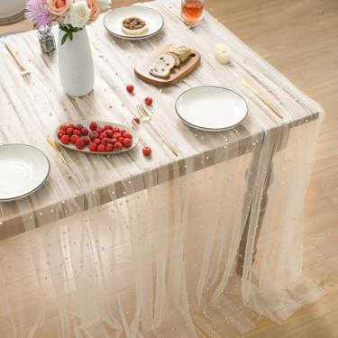 Imagem de Horaldaily Toalha de mesa branca pérola bege gaze 152 × 152 cm quadrada, gaze de renda de tule primavera verão, capa de mesa de chá de noiva para decoração de mesa de aniversário de casamento