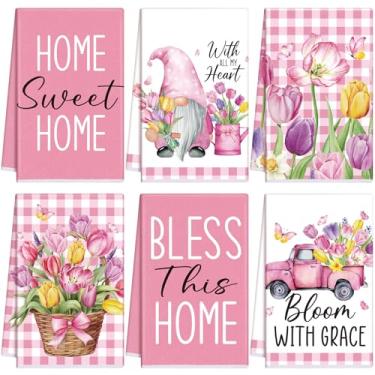 Imagem de VitalCozy Conjunto de 6 toalhas de cozinha lavanda verão engraçado dona de casa de fazenda toalha de banho rústica para presente de banheiro de férias, 60 x 40 centímetros (rosa e branco, tulipa)