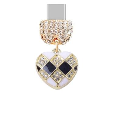 Imagem de ELISE & FONDA TP1016 Tipo-C porta de carregamento cristal antipoeira pequeno cristal quadriculado amor coração com pingente de celular rosa para iPhone 15/16/Samsung/OnePlus/Xiaomi/oppo telefones