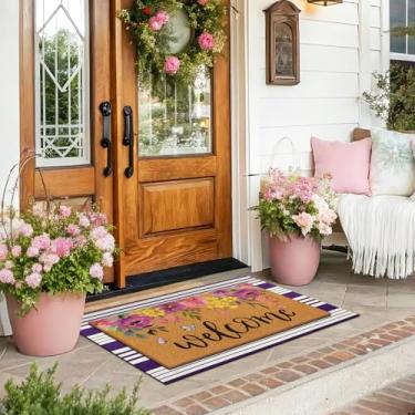 Imagem de Tinideya 2 peças de tapete de porta de primavera floral flores roxas bem-vindas, antiderrapante, tapetes de fibra de coco, capachos sazonais para decoração de entrada de varanda frontal