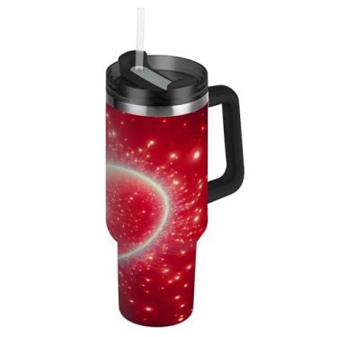 Imagem de ATTX Copo de coração vermelho de 1,134 g com alça, copo de aço inoxidável a vácuo de parede dupla com palha, caneca de café de viagem isolada #380