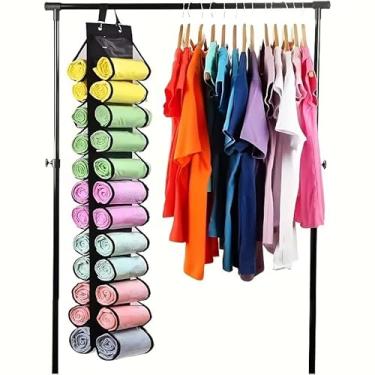 Imagem de Bolsa de armazenamento para leggings, cabide de armazenamento para 24 leggings ou camisas, compartimento de jeans, organizador de roupas dobráveis para armários, suporte de rolo portátil