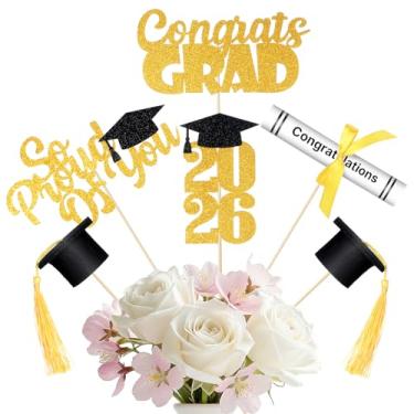 Imagem de Pinkunn 20 peças de decoração de formatura classe de 2026 feltro rolagem diploma e tampa de graduação com borla 2026 centro de graduação bastão de glitter dupla face para enfeite de mesa suprimentos