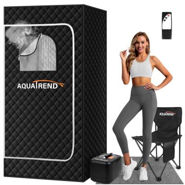Imagem de Aquatrend Caixa de sauna portátil para casa, caixa de sauna a vapor pessoal com vaporizador 3L de 1200 W, 9 x 7 x 15 cm, controle remoto, cadeira dobrável, barraca de sauna de tamanho completo para