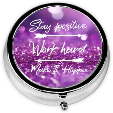 Imagem de Caixa de comprimidos Stay Positive com 3 compartimentos, estojo pequeno para comprimidos, portátil para bolso ou bolsa, organizador de comprimidos com espelho para guardar vitaminas, medicamentos
