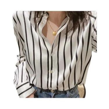 Imagem de Blusa Feminina Vintage De Cetim Listrada De Manga Longa, Camisa Casual