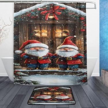 Imagem de xigua Gnomos de Natal fofos conjuntos de tapetes de cortina de banho 2 peças, conjunto de tema de banheiro (152 x 182 cm) com cortina de chuveiro e tapete antiderrapante -12 ganchos458