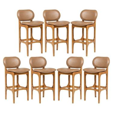 Imagem de Kit 7 Banquetas Alta Estofada Rafine Madeira Castanho Tecido Impermeável Marrom