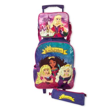 Imagem de Kit Escolar Infantil Princesas Mochila De Rodinhas Lancheira Termica Estojo Resistente