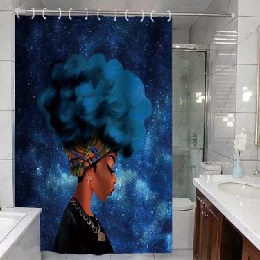 Imagem de Cortina de chuveiro azul Galaxy Afro Girl impermeável de poliéster - y