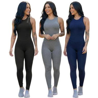 Imagem de KIT 3 Macacão Fitness Liso Serra e Mar Modas Sem Bojo Suplex Academia Treino Feminina Musculação-Feminino