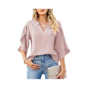 Imagem de Blusa Feminina De Verão Em Chiffon Com Decote Em V, Manga Larga Casual