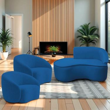 Imagem de Kit Divã Recamier Orgânico Marrocos 150cm Lado Esquerdo E 2 Poltronas Amore Linho Azul Royal