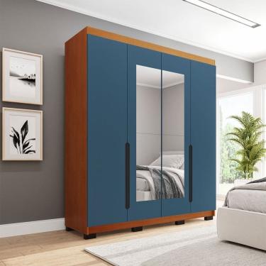Imagem de Guarda-Roupa Casal Madrid 4 Portas 4 Gavetas com Espelho Azul/Freijó - Politorno