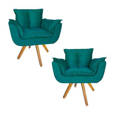 Imagem de Conjunto 2 Poltrona Estofada Base Giratória De Madeira Clínica Opala Suede Azul Turquesa - LM DECOR